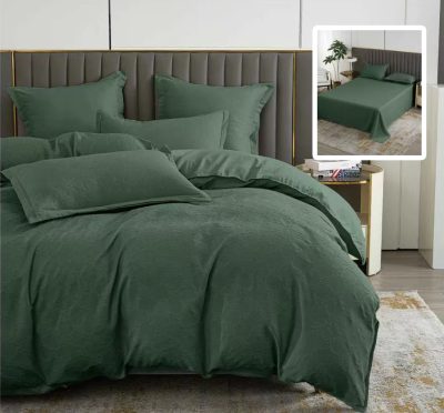 Lenjerie de pat natur uni baroque 6 piese cu cearsaf (verde)