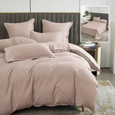 Lenjerie de pat natur uni stripe 6 piese cu cearsaf (capucino)