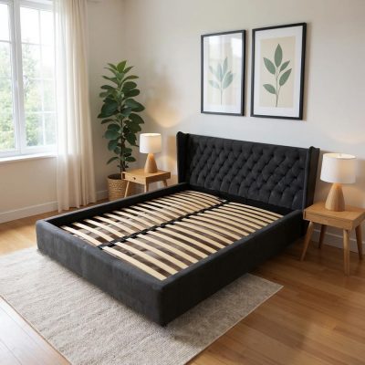 Pat Chesterfield tapitat cu catifea, cu somiera fixa 120x200