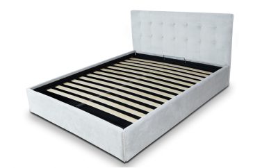 Pat tapitat cu material textil, 140 x 200, somiera rabatabila si lada depozitare, Culoare Alb, Kurt