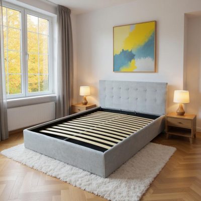 Pat tapitat cu material textil 180 x 200 , cu somiera fixa, Culoare Gri, Kurt