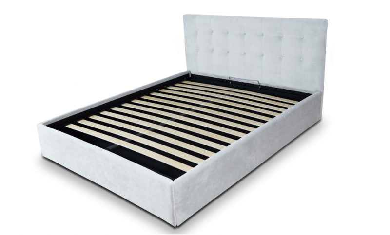 Pat tapitat cu material textil, 180 x 200, somiera rabatabila si lada depozitare, Culoare Alb, Kurt