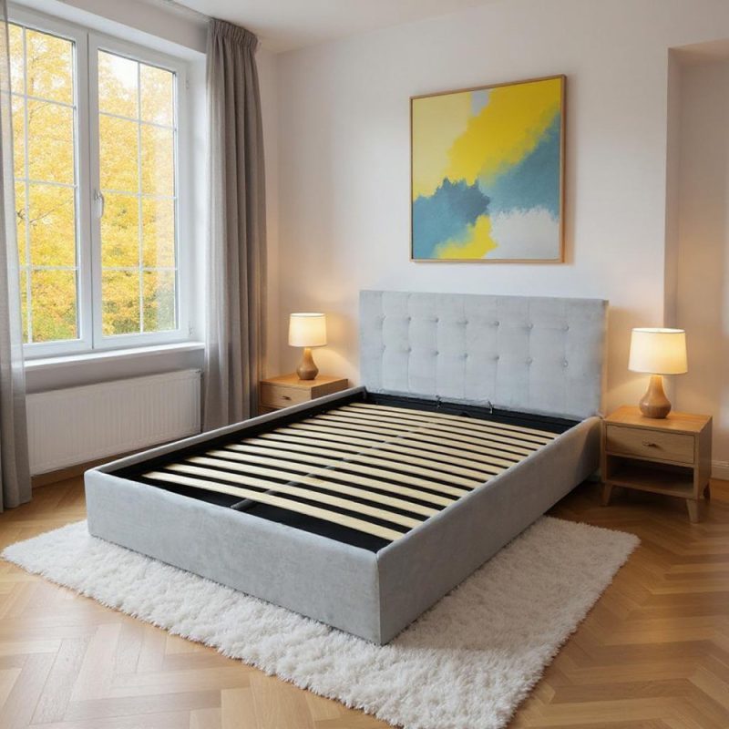 Pat tapitat cu material textil, 90 x 200, cu somiera rabatabila si lada depozitare, Culoare Gri, Kurt